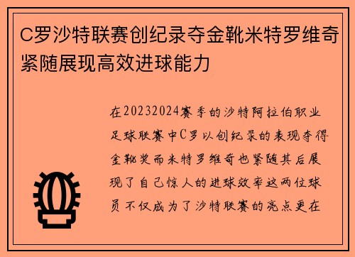 C罗沙特联赛创纪录夺金靴米特罗维奇紧随展现高效进球能力
